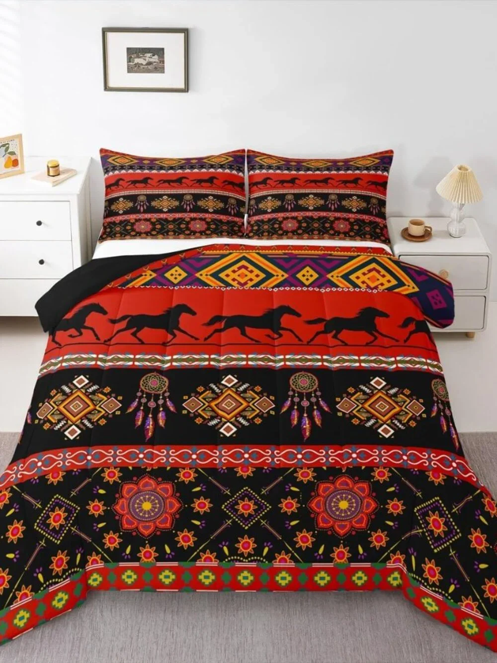 Boho Dream Catcher Comforter Set Galloping Horse Bedding Set for Kids Boys Girls